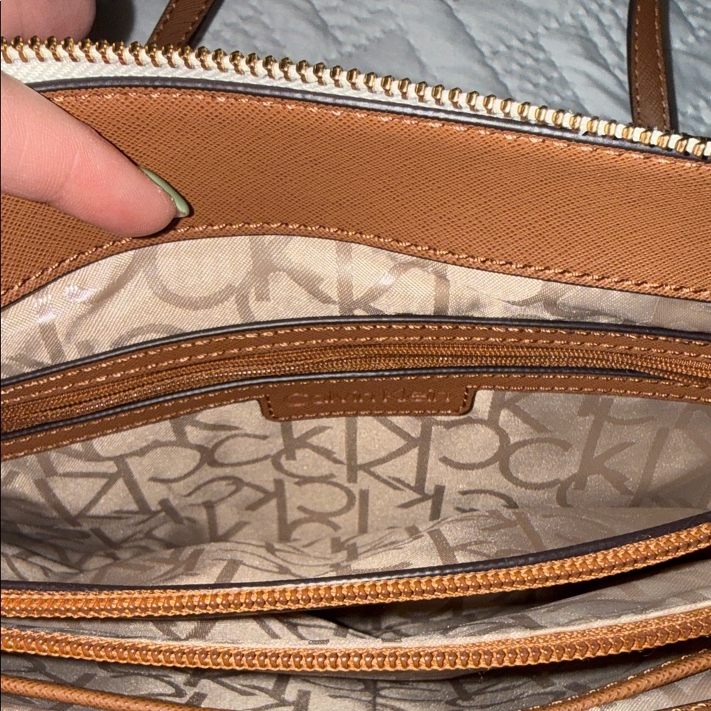 Calvin Klein Cream Monogram Chain Crossbody with Brown Strap - Picture 8 of 8